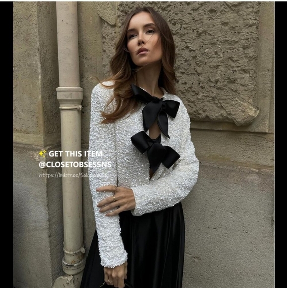 H&M viral white sequin black bow ribbon tie front cardigan sweater - Picture 12 of 16